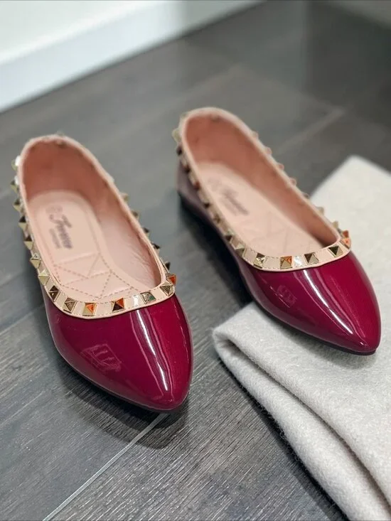 Studded Burgundy Patent Leather Flats With Pointed Toe & Quilted Insole - Picture 6 of 12